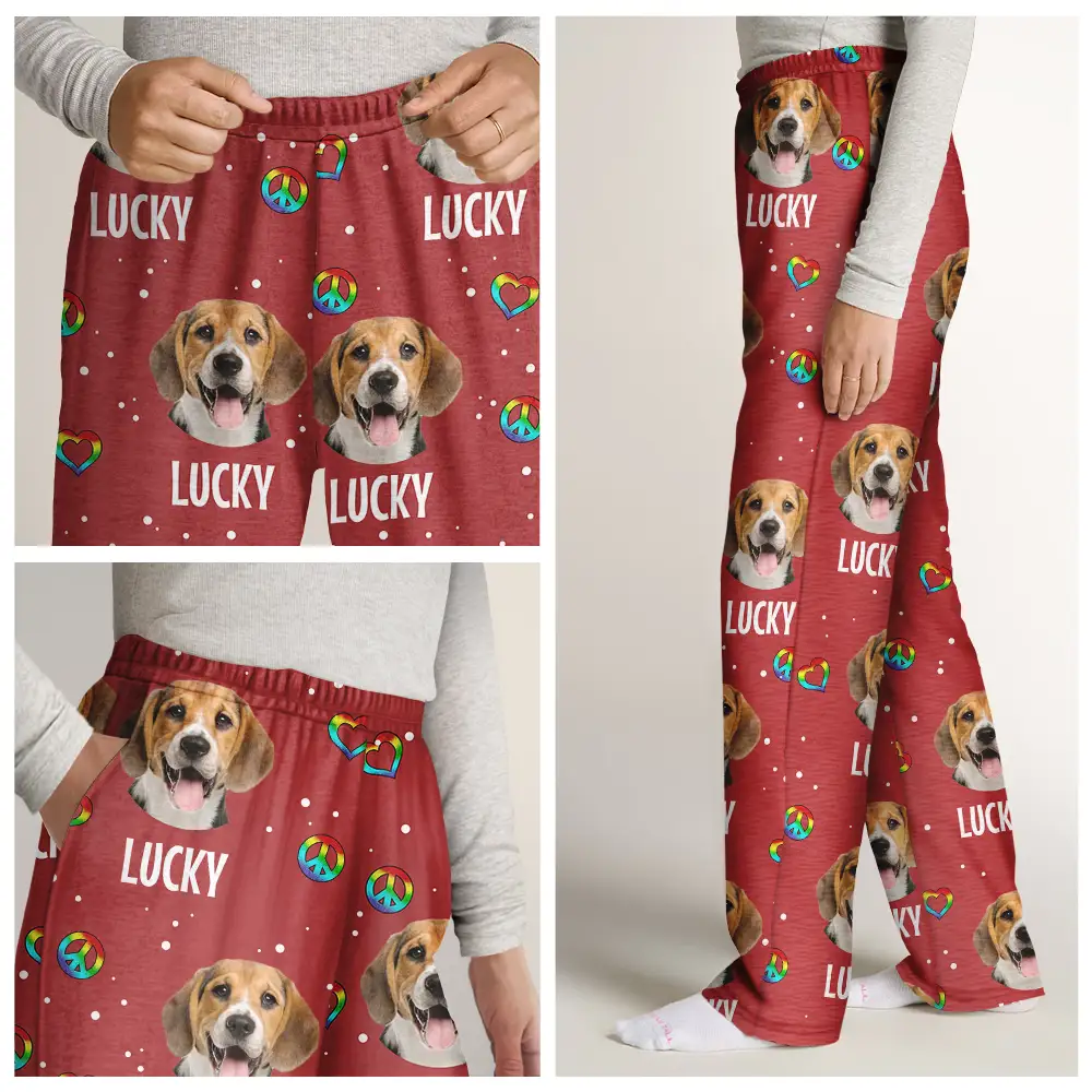 Custom Photo Peace Love Pet Face - Personalized Pajama Pants - Image 8