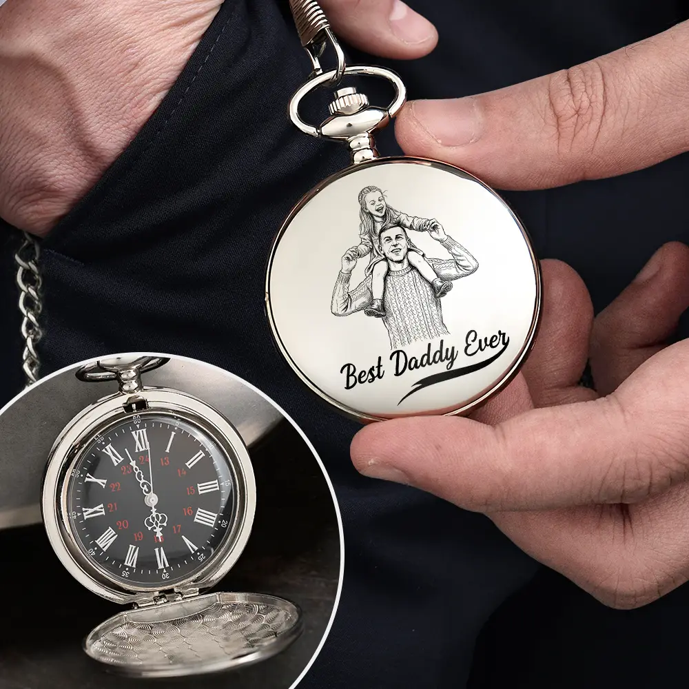 Custom Photo Pencil Drawing Best Dad Grandpa Ever - Personalized Pocket Watch - Image 5