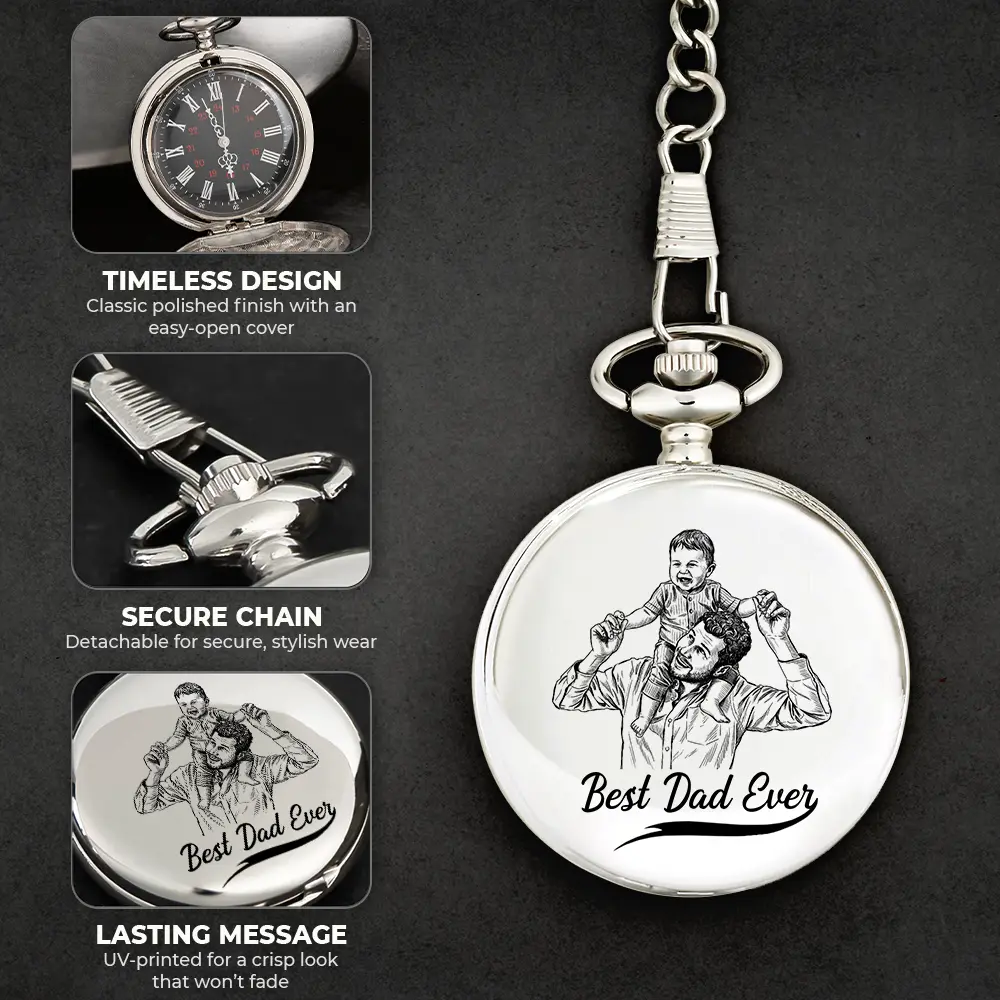 Custom Photo Pencil Drawing Best Dad Grandpa Ever - Personalized Pocket Watch - Image 7