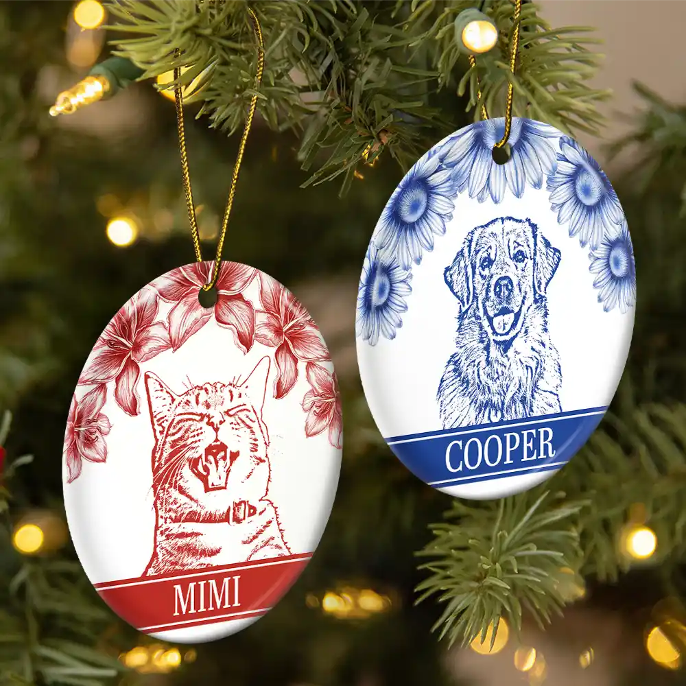 Custom Photo Pencil Drawing Birth Flower Family Portrait - Personalized Circle Ceramic Ornament - Image 3