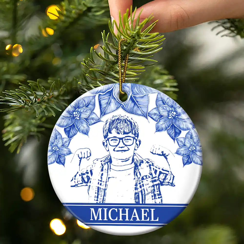 Custom Photo Pencil Drawing Birth Flower Family Portrait - Personalized Circle Ceramic Ornament - Image 4
