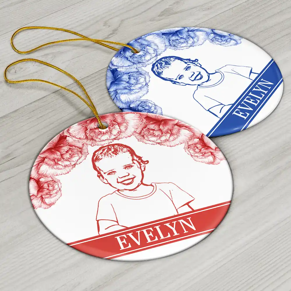 Custom Photo Pencil Drawing Birth Flower Family Portrait - Personalized Circle Ceramic Ornament - Image 7