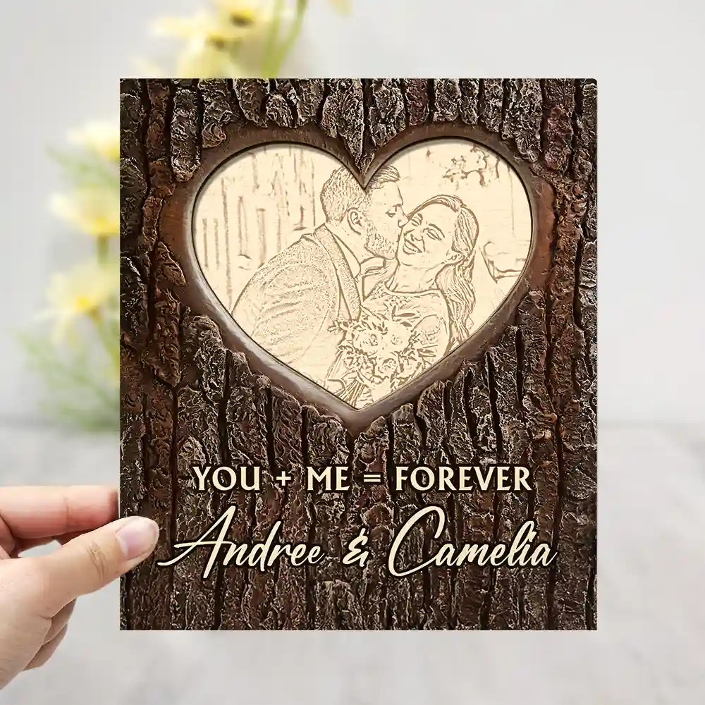 Custom Photo Pencil Drawing Carved In Love Couple You + Me = Forever - Personalized 2-Layered Wooden Plaque With Stand - Image 3