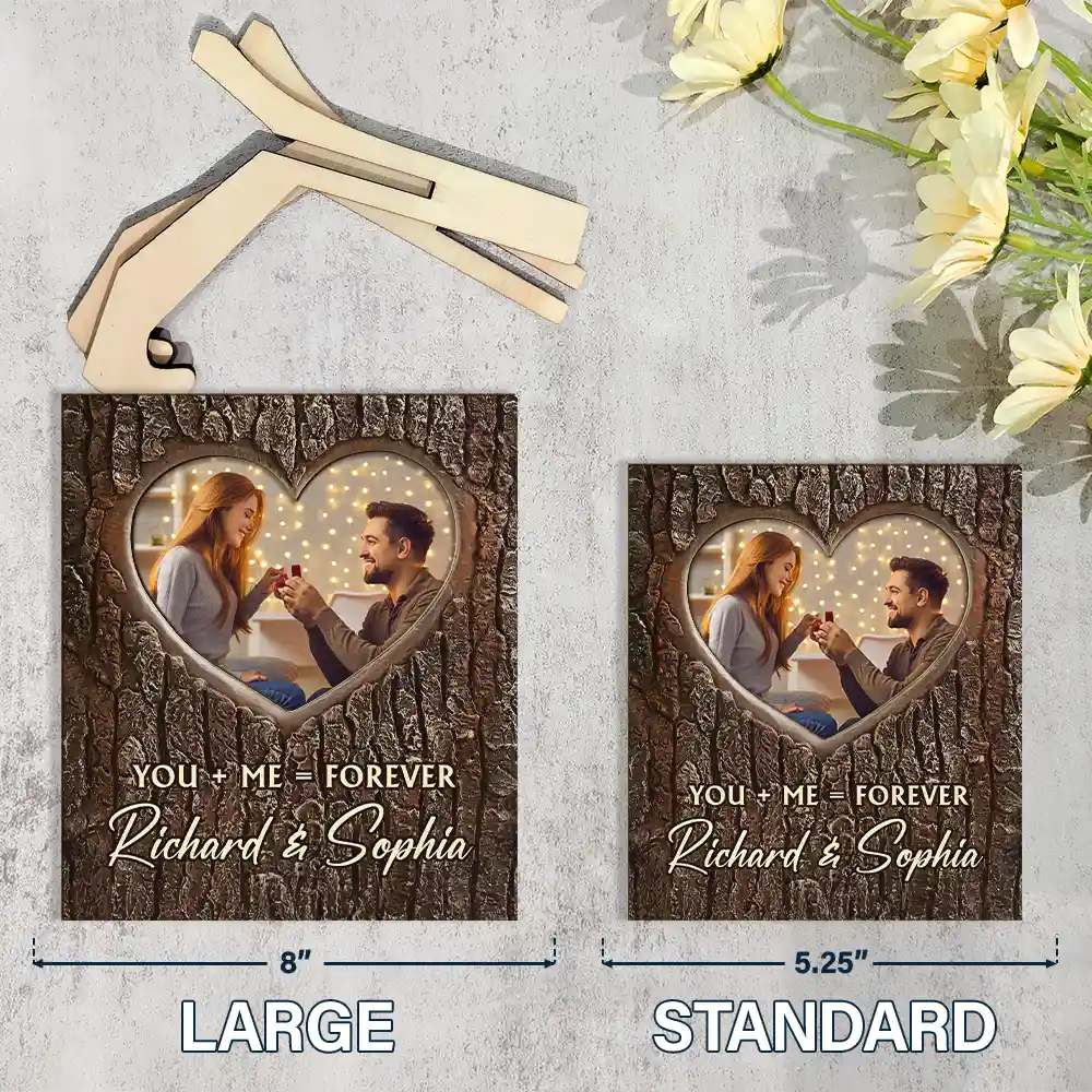 Custom Photo Pencil Drawing Carved In Love Couple You + Me = Forever - Personalized 2-Layered Wooden Plaque With Stand - Image 4