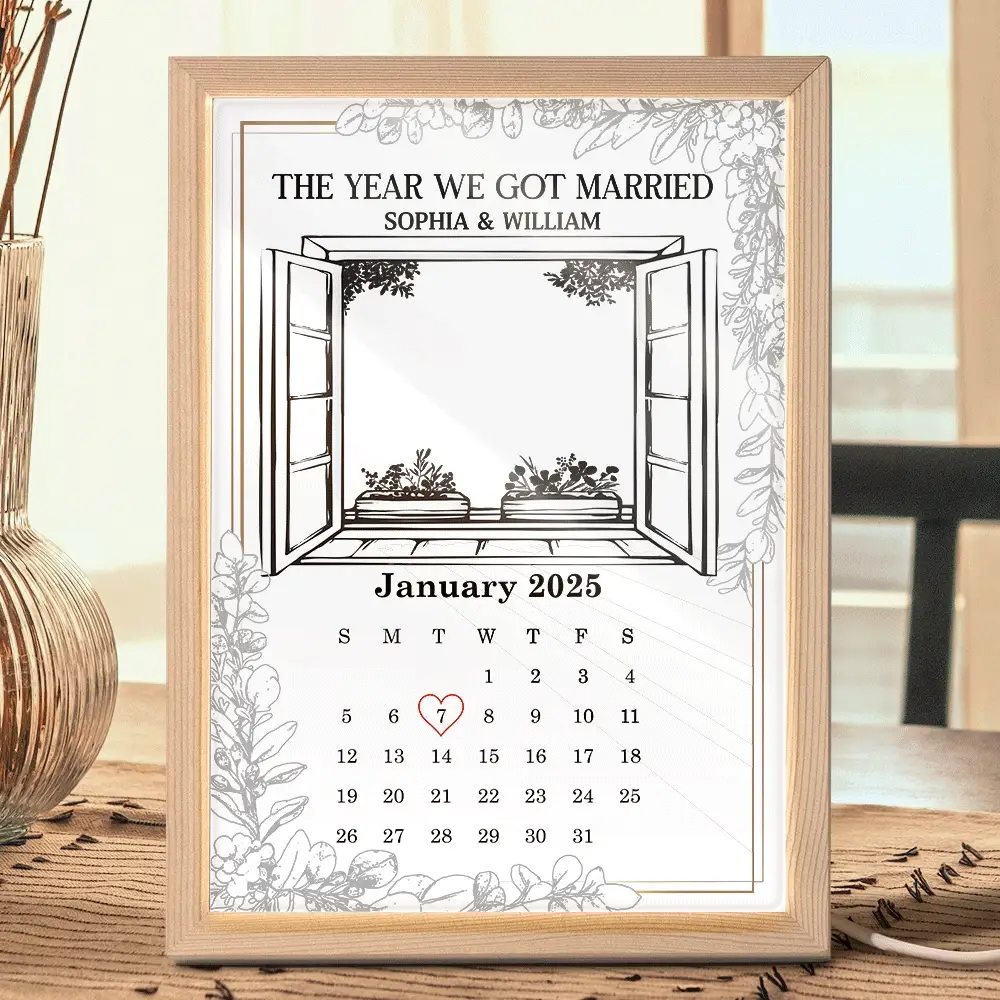Custom Photo Pencil Drawing Couple The Year We Got Married Light Painting - Personalized Light Up Picture Frame - Image 2