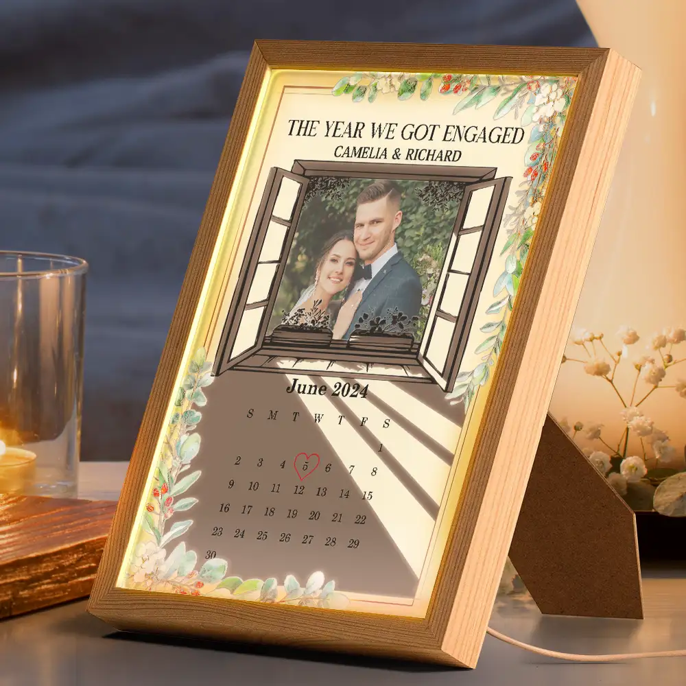Custom Photo Pencil Drawing Couple The Year We Got Married Light Painting - Personalized Light Up Picture Frame - Image 3