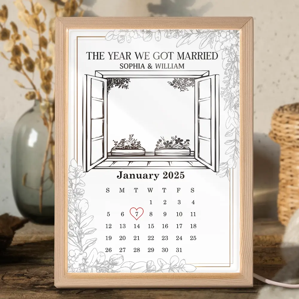 Custom Photo Pencil Drawing Couple The Year We Got Married Light Painting - Personalized Light Up Picture Frame - Image 7