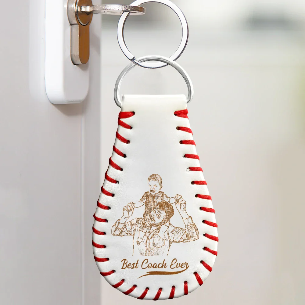 Custom Photo Pencil Drawing Engraved Best Dad Grandpa Ever - Personalized Leather Baseball Keychain - Image 5