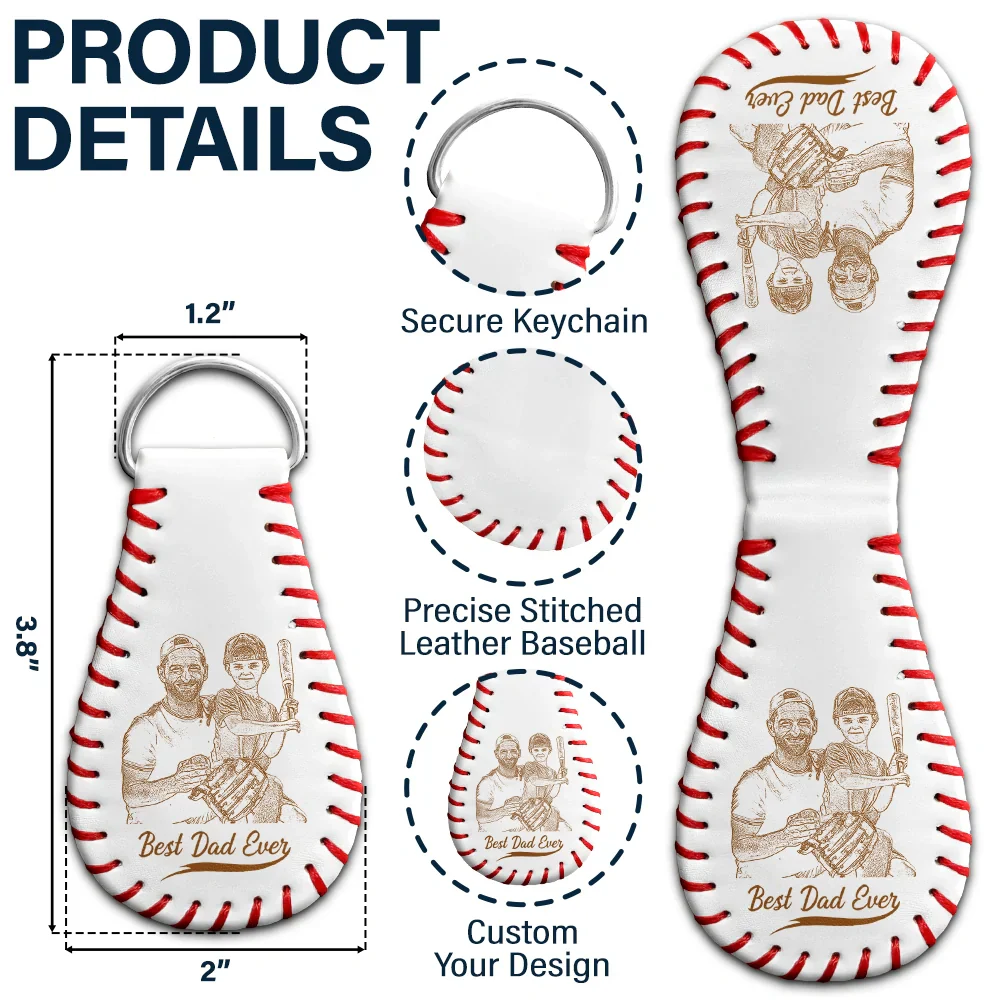 Custom Photo Pencil Drawing Engraved Best Dad Grandpa Ever - Personalized Leather Baseball Keychain - Image 6