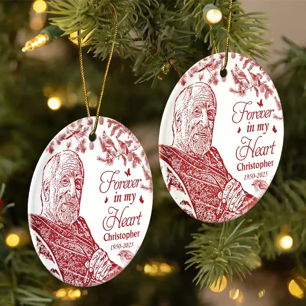 Custom Photo Pencil Drawing Toile De Jouy Memorial Although You Cannot See Me - Personalized Circle Ceramic Ornament - Image 3