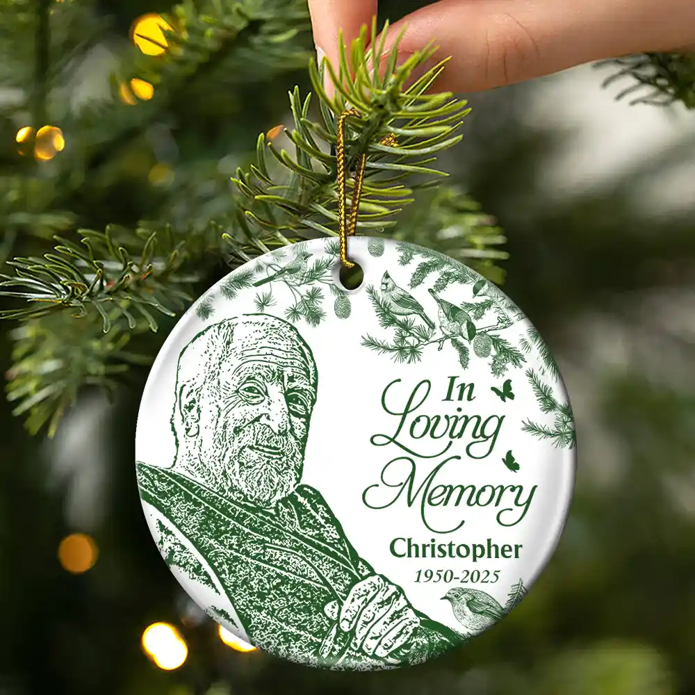 Custom Photo Pencil Drawing Toile De Jouy Memorial Although You Cannot See Me - Personalized Circle Ceramic Ornament - Image 4