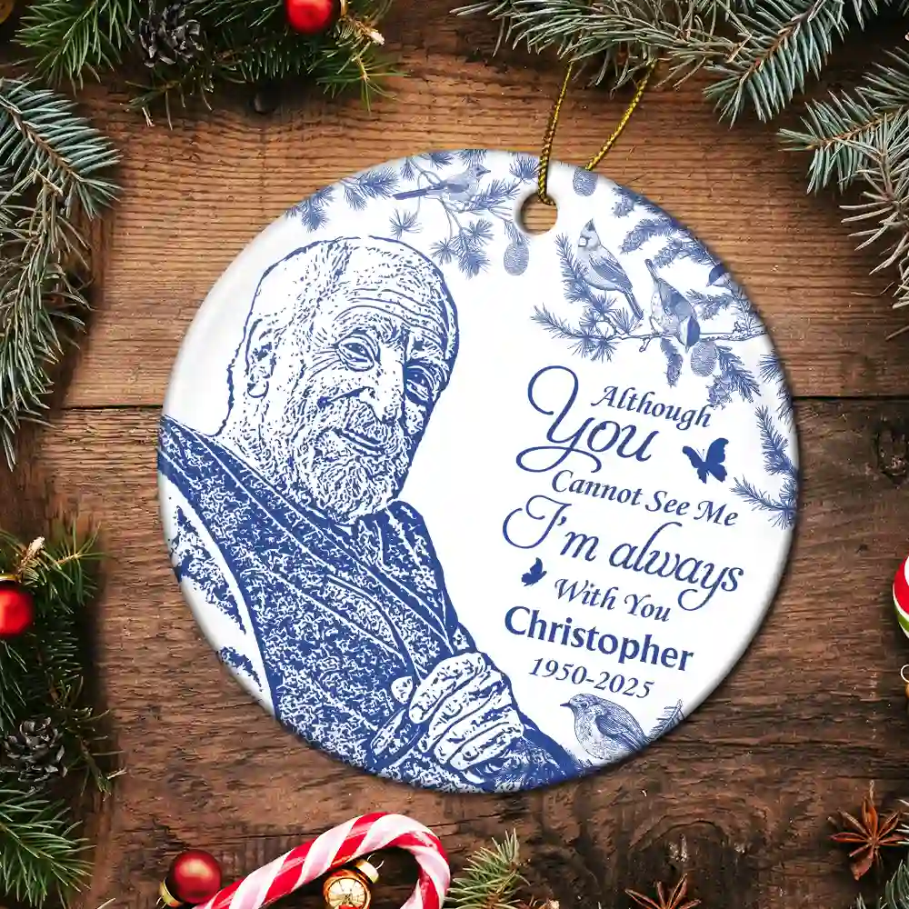 Custom Photo Pencil Drawing Toile De Jouy Memorial Although You Cannot See Me - Personalized Circle Ceramic Ornament - Image 6