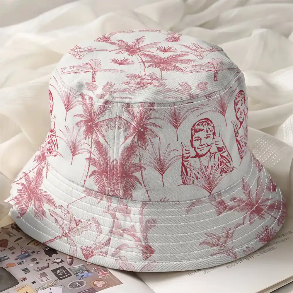 Custom Photo Pencil Drawing Toile De Jouy Pattern Family Pet - Personalized Bucket Hat - Image 3