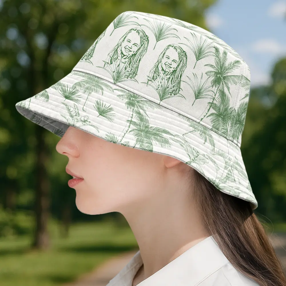 Custom Photo Pencil Drawing Toile De Jouy Pattern Family Pet - Personalized Bucket Hat - Image 4