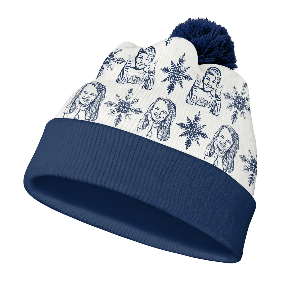 Custom Photo Pencil Drawing Toile De Jouy Snowflakes - Personalized Bobble Beanie Hat - Image 3