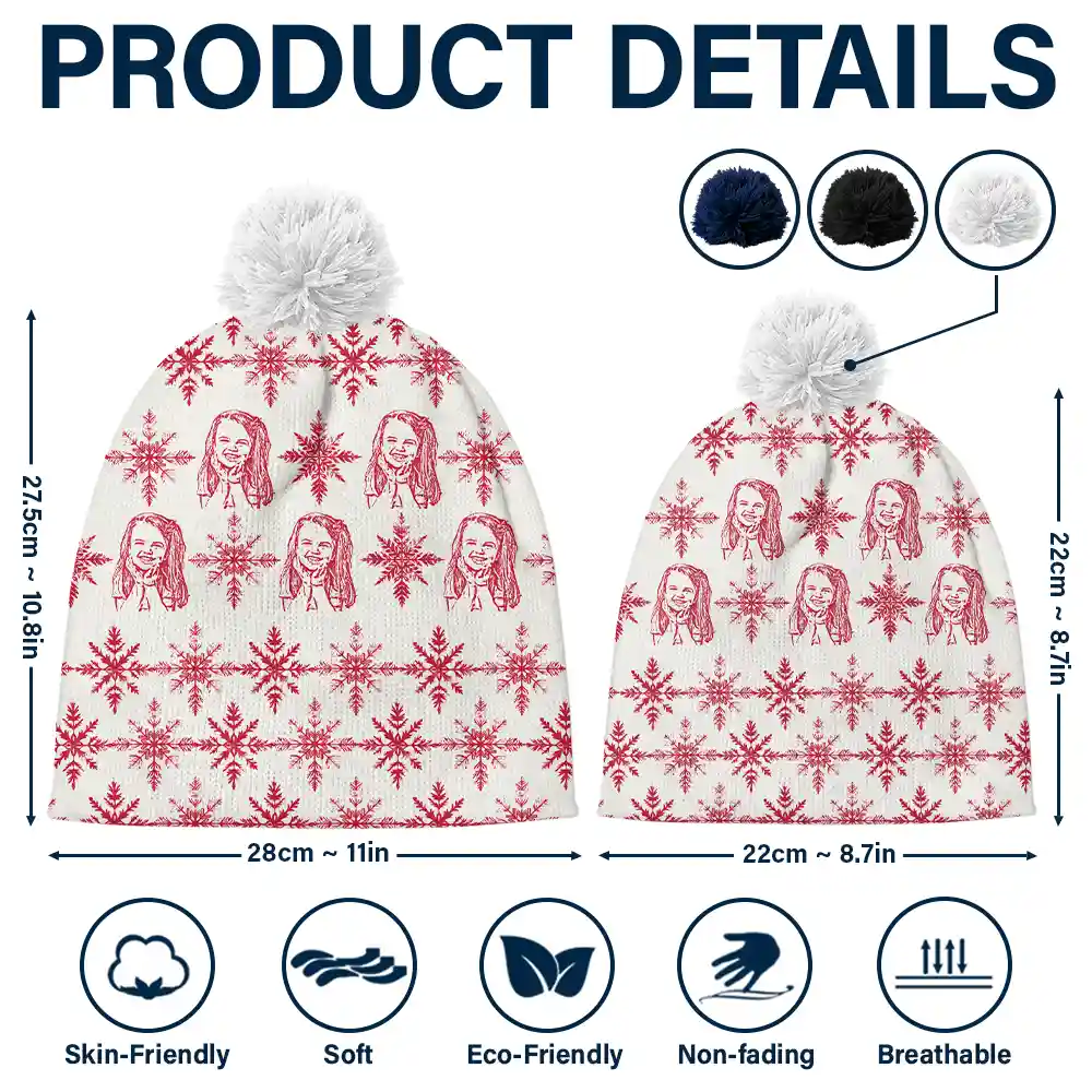 Custom Photo Pencil Drawing Toile De Jouy Snowflakes - Personalized Bobble Beanie Hat - Image 6
