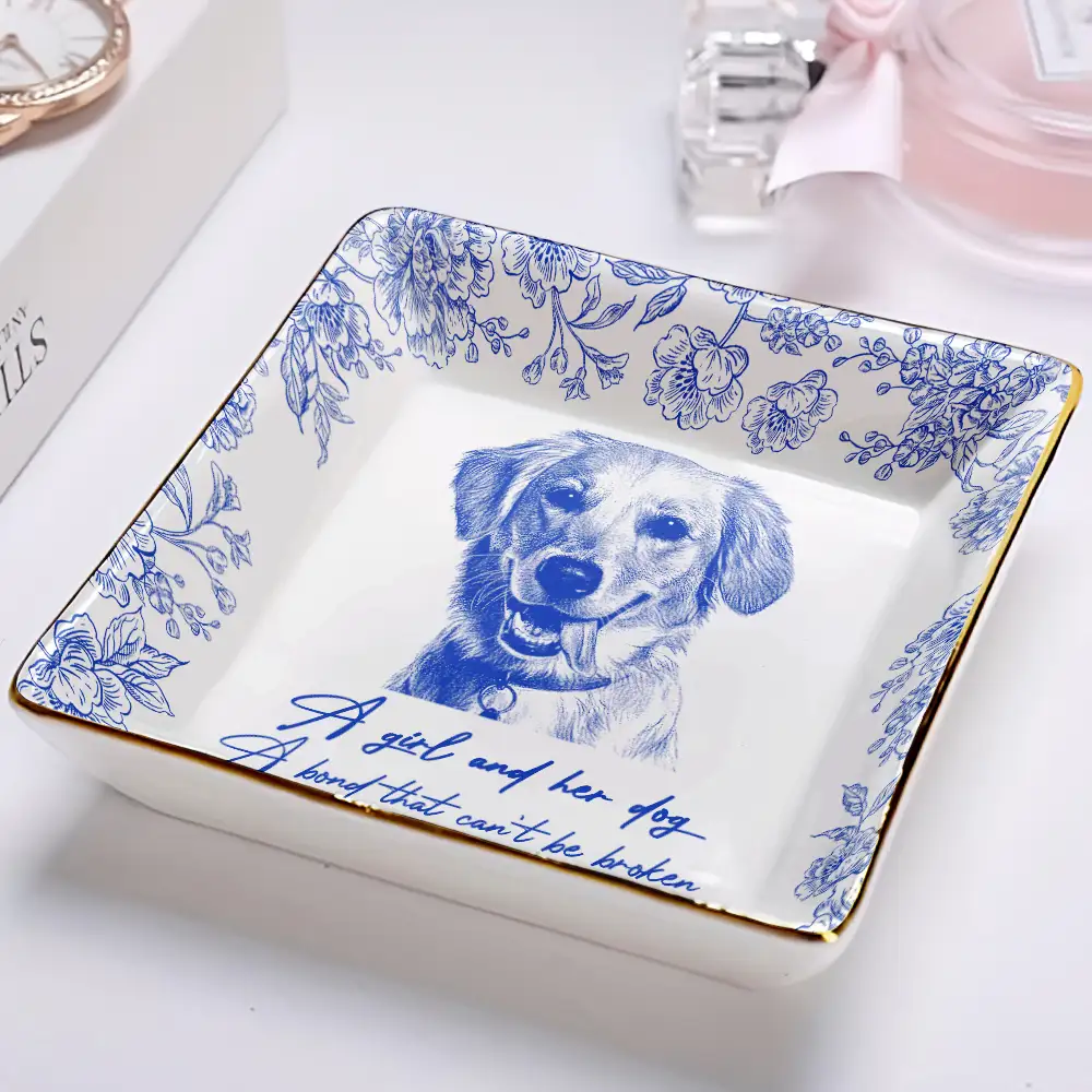 Custom Photo Pencil Sketch A Girl And Her Dog Cat - Personalized Ring Dish - Image 3