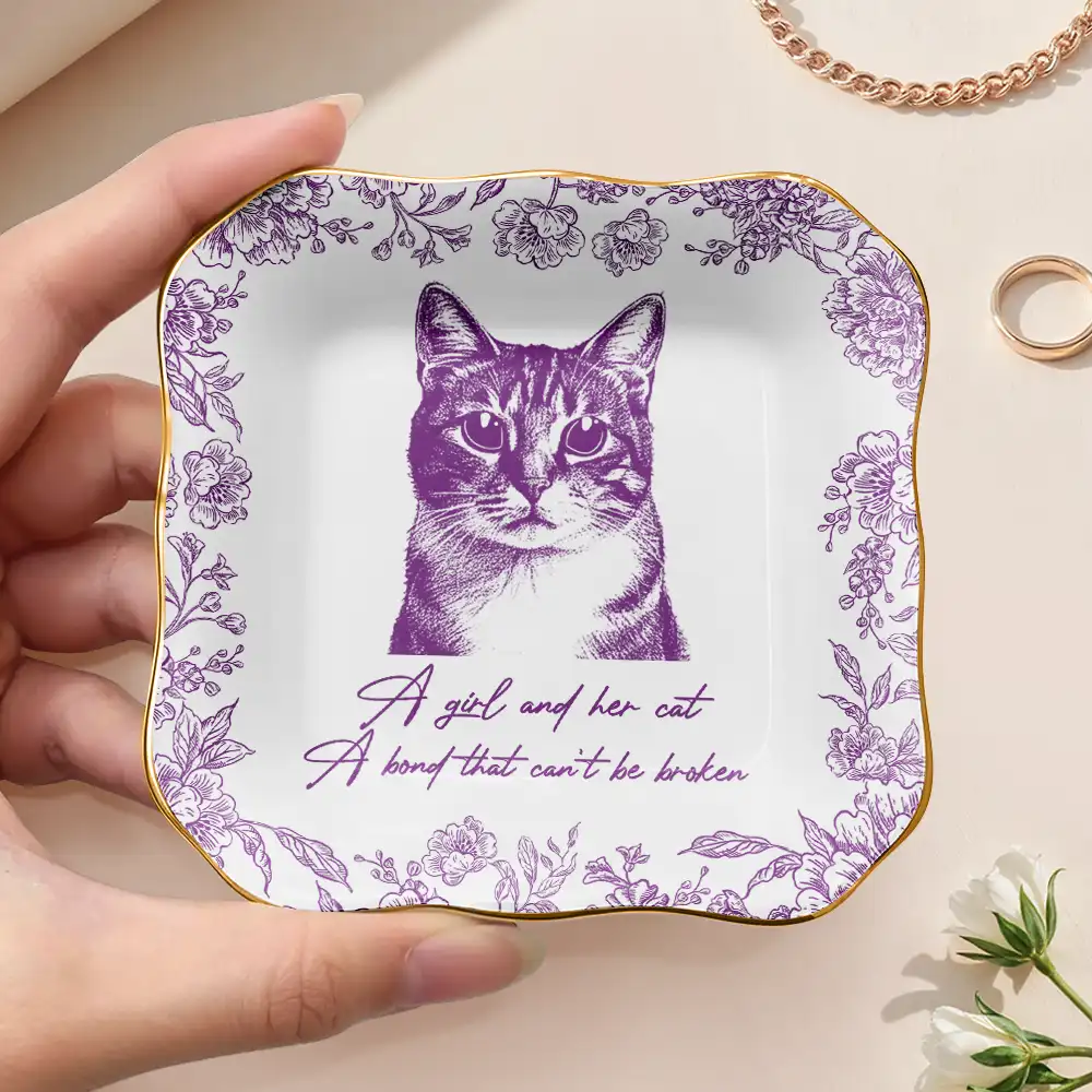 Custom Photo Pencil Sketch A Girl And Her Dog Cat - Personalized Ring Dish - Image 4