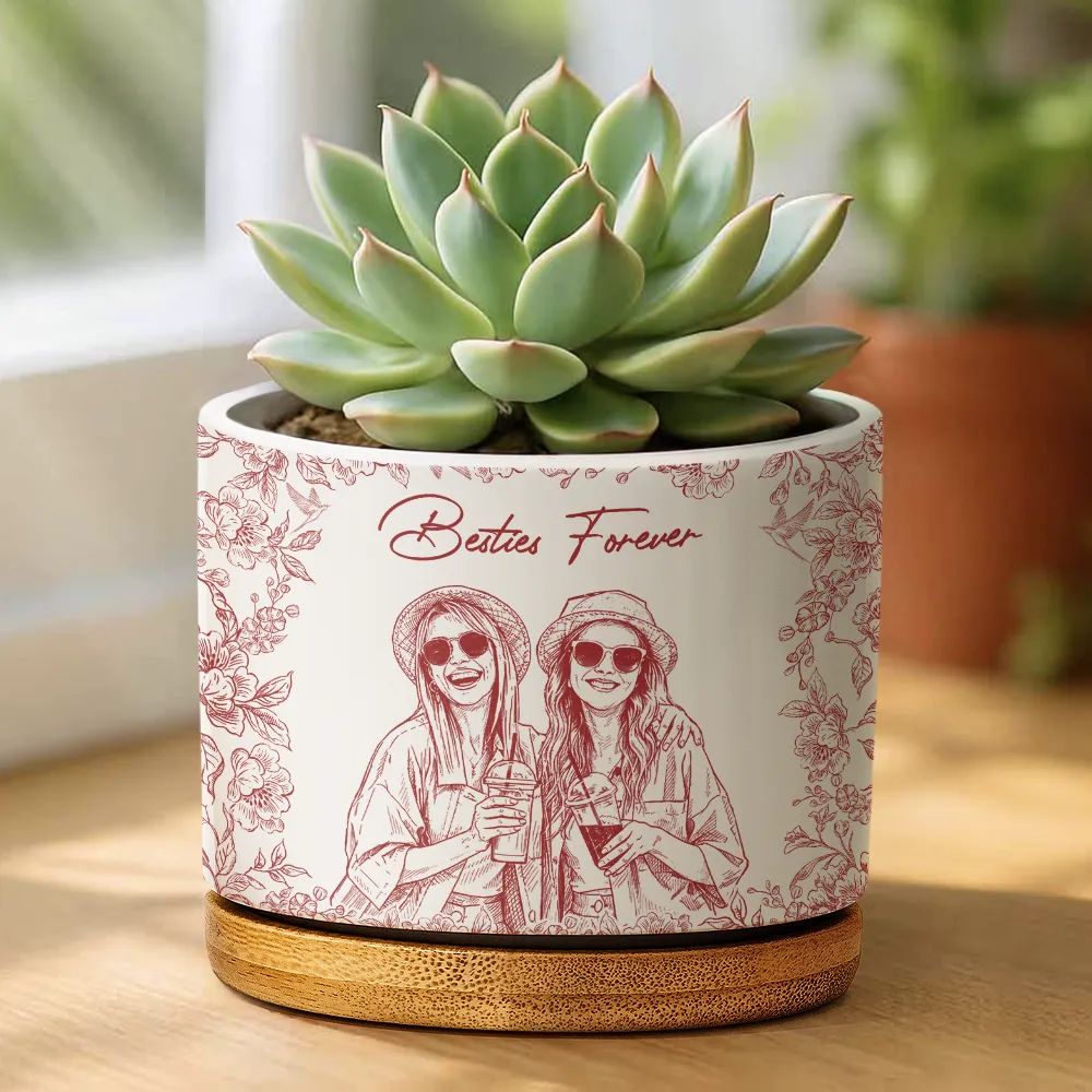 Custom Photo Pencil Sketch A True Friendship Is A Journey Without An End - Personalized Ceramic Plant Pot - Image 3