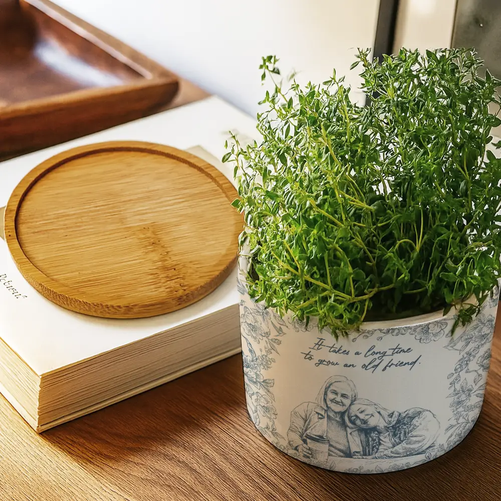 Custom Photo Pencil Sketch A True Friendship Is A Journey Without An End - Personalized Ceramic Plant Pot - Image 4