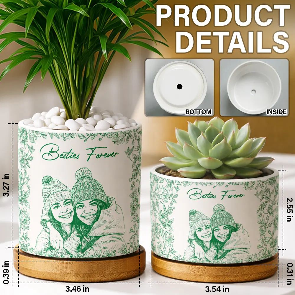 Custom Photo Pencil Sketch A True Friendship Is A Journey Without An End - Personalized Ceramic Plant Pot - Image 6