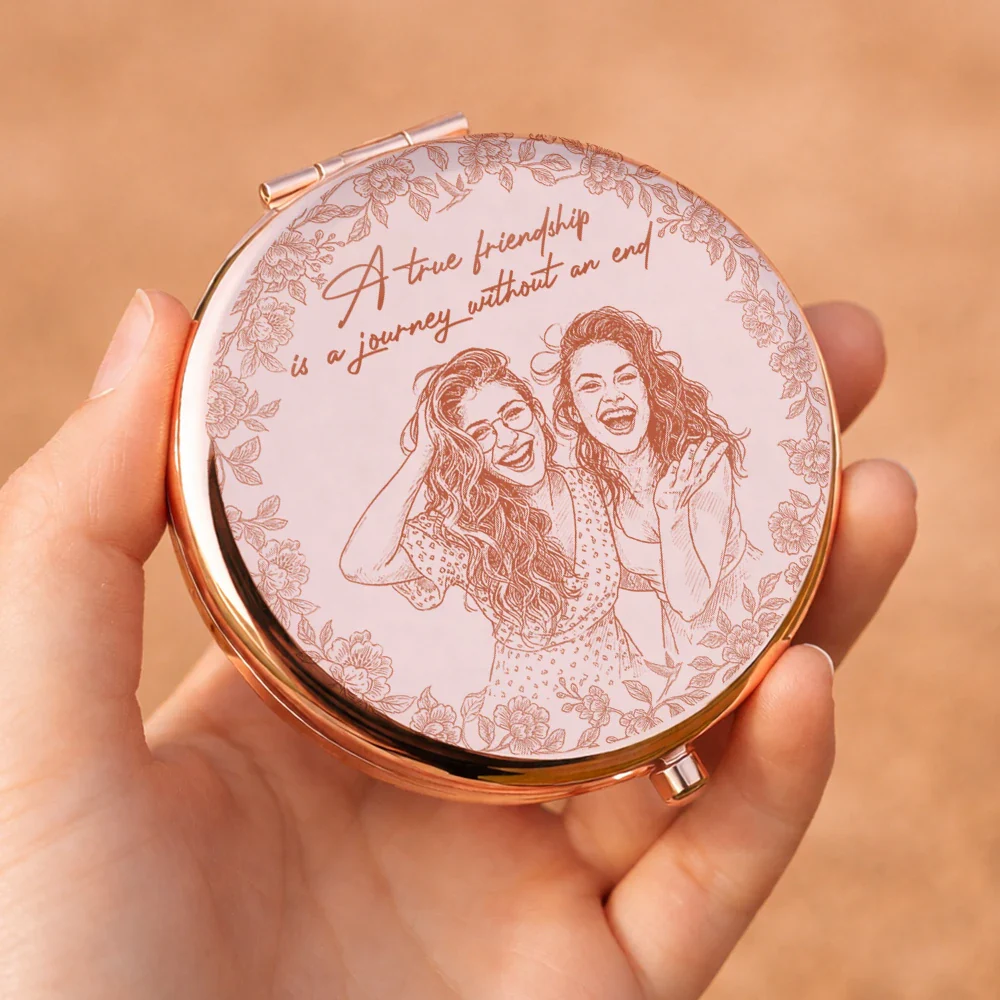 Custom Photo Pencil Sketch A True Friendship Is A Journey Without An End - Personalized Compact Mirror - Image 6