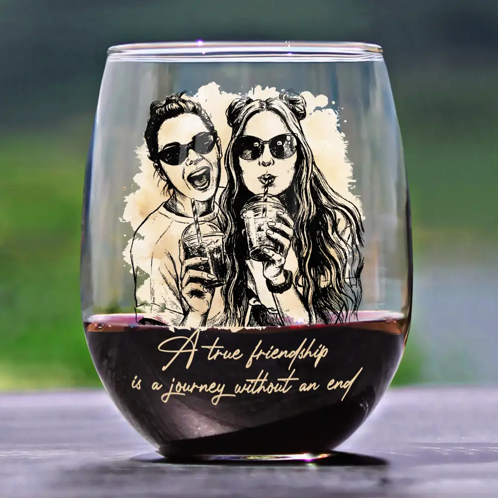 Custom Photo Pencil Sketch A True Friendship Is A Journey Without An End - Personalized Stemless Wine Glass - Image 3