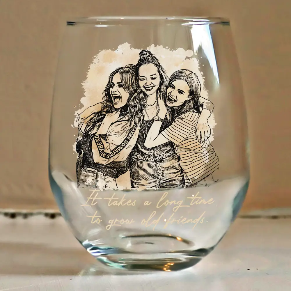 Custom Photo Pencil Sketch A True Friendship Is A Journey Without An End - Personalized Stemless Wine Glass - Image 5