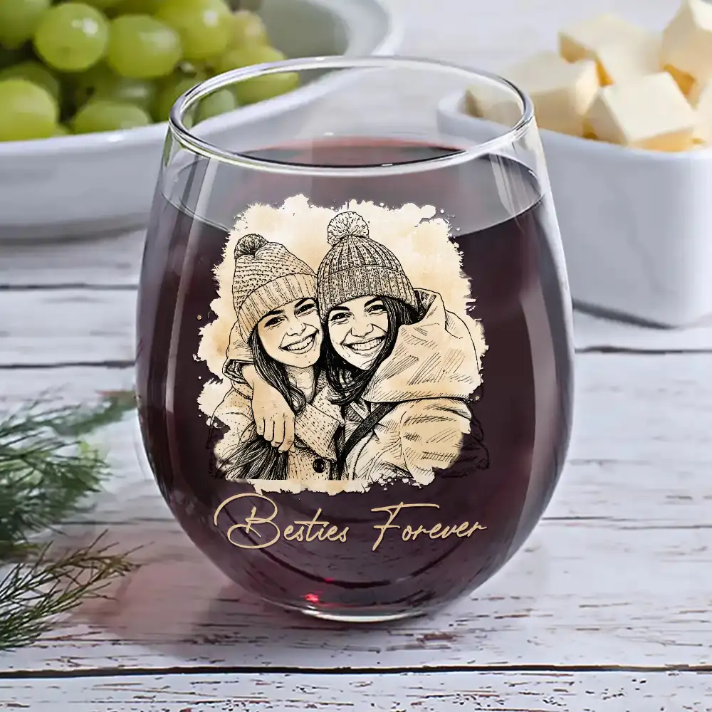 Custom Photo Pencil Sketch A True Friendship Is A Journey Without An End - Personalized Stemless Wine Glass - Image 7