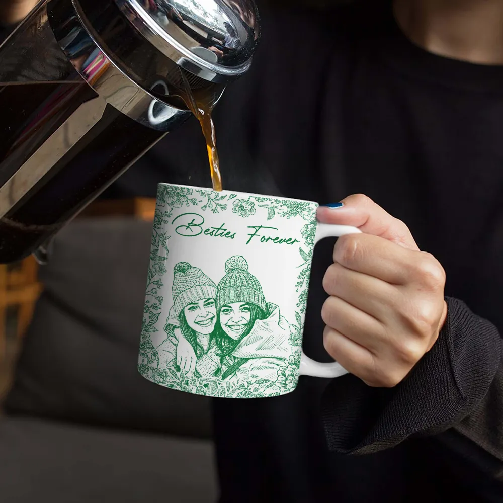 Custom Photo Pencil Sketch A True Friendship Is A Journey Without An End - Personalized White Edge-to-Edge Mug - Image 5