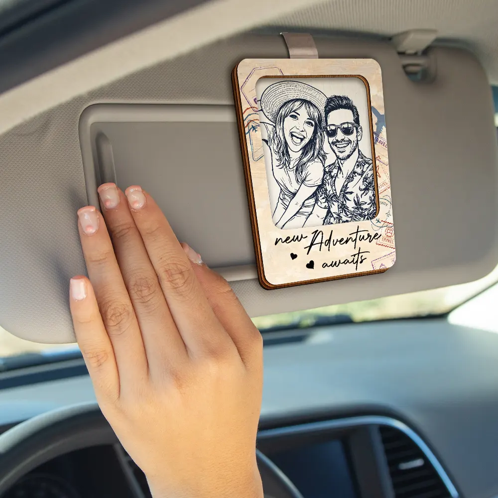 Custom Photo Pencil Sketch And So The Adventure Begins Traveling Couple - Personalized Custom Shaped Car Visor Clip - Image 5