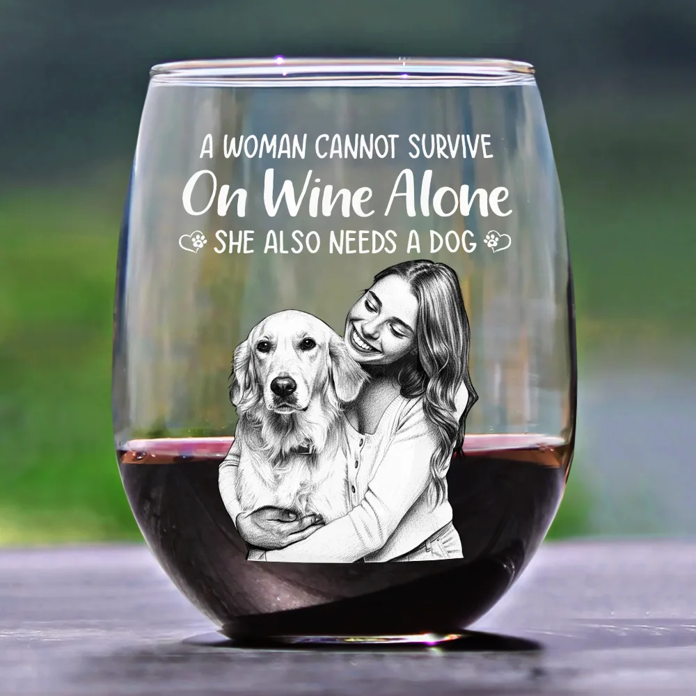 Custom Photo Pencil Sketch Art A Woman Cannot Survive On Wine Alone Dog - Personalized Stemless Wine Glass - Image 3