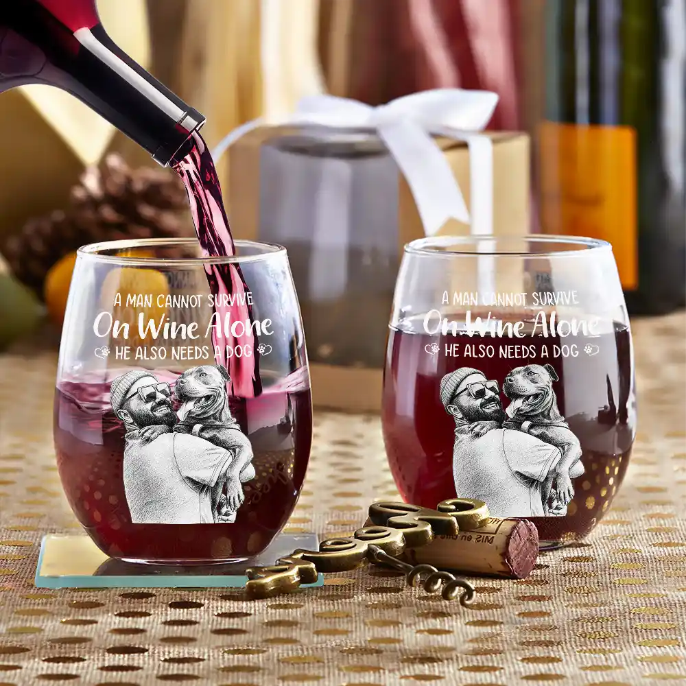 Custom Photo Pencil Sketch Art A Woman Cannot Survive On Wine Alone Dog - Personalized Stemless Wine Glass - Image 4