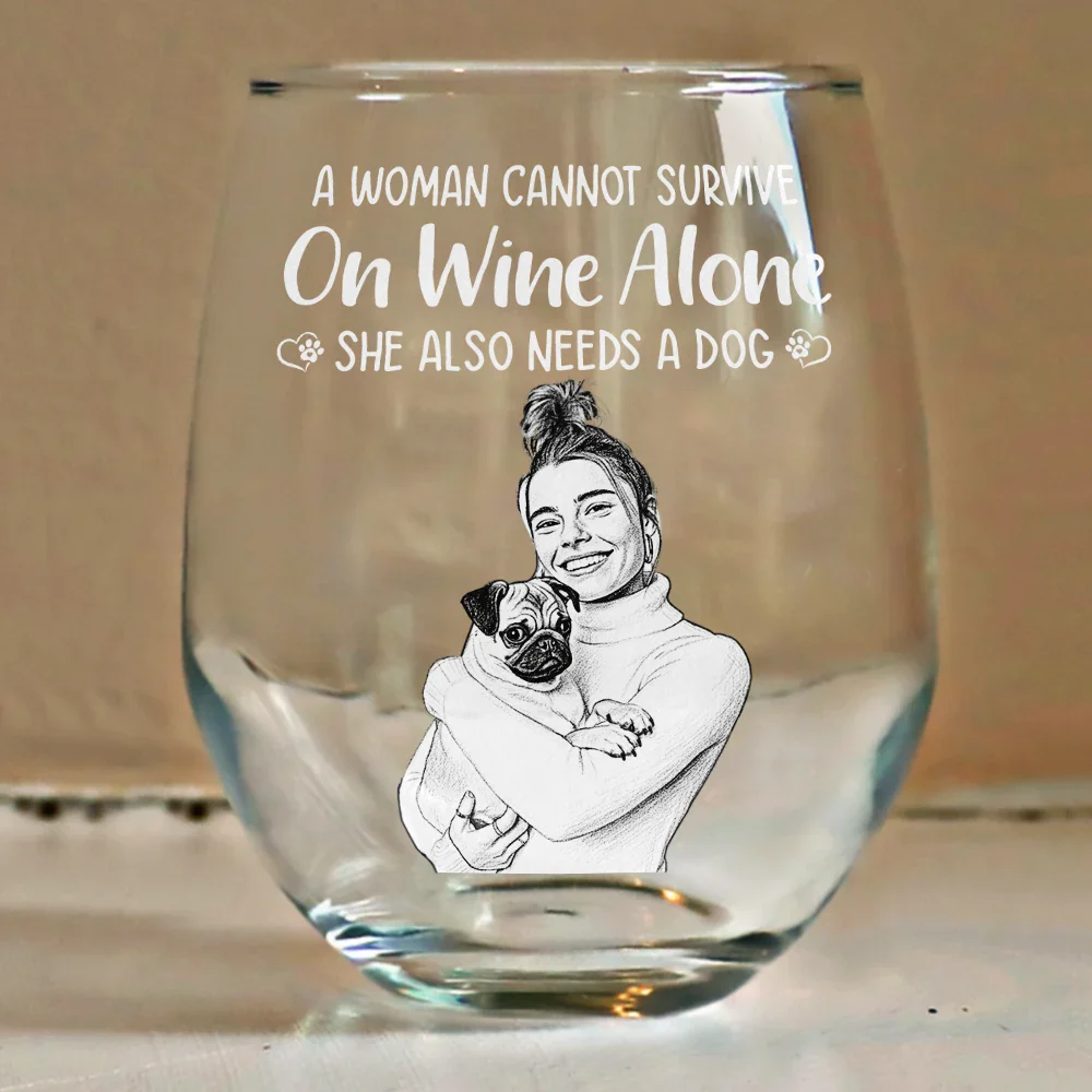 Custom Photo Pencil Sketch Art A Woman Cannot Survive On Wine Alone Dog - Personalized Stemless Wine Glass - Image 5