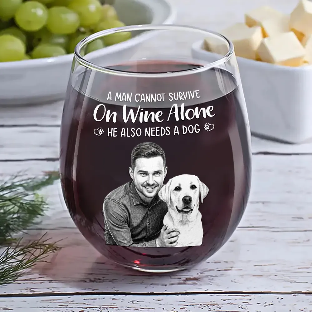 Custom Photo Pencil Sketch Art A Woman Cannot Survive On Wine Alone Dog - Personalized Stemless Wine Glass - Image 7
