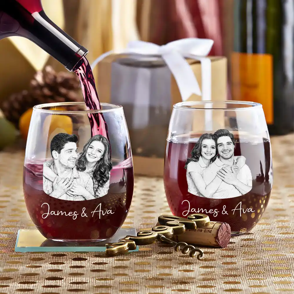 Custom Photo Pencil Sketch Art Family Besties Dog Cat Portrait - Personalized Stemless Wine Glass - Image 4