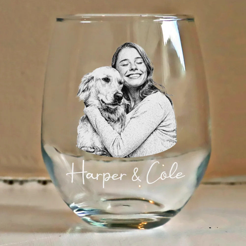 Custom Photo Pencil Sketch Art Family Besties Dog Cat Portrait - Personalized Stemless Wine Glass - Image 5