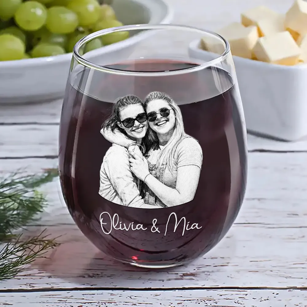 Custom Photo Pencil Sketch Art Family Besties Dog Cat Portrait - Personalized Stemless Wine Glass - Image 7