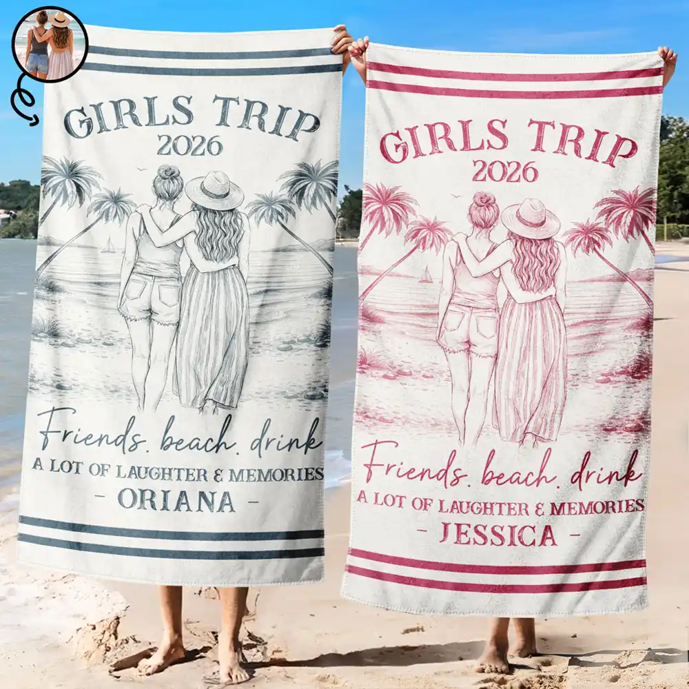 Custom Photo Pencil Sketch Art Girls Trip A Lot Of Laughter & Memories - Personalized Beach Towel