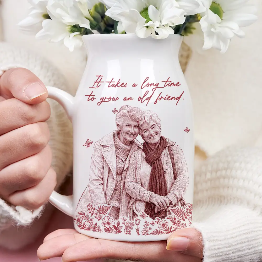 Custom Photo Pencil Sketch Art It Takes A Long Time To Grow An Old Friend - Personalized Ceramic Flower Vase - Image 4