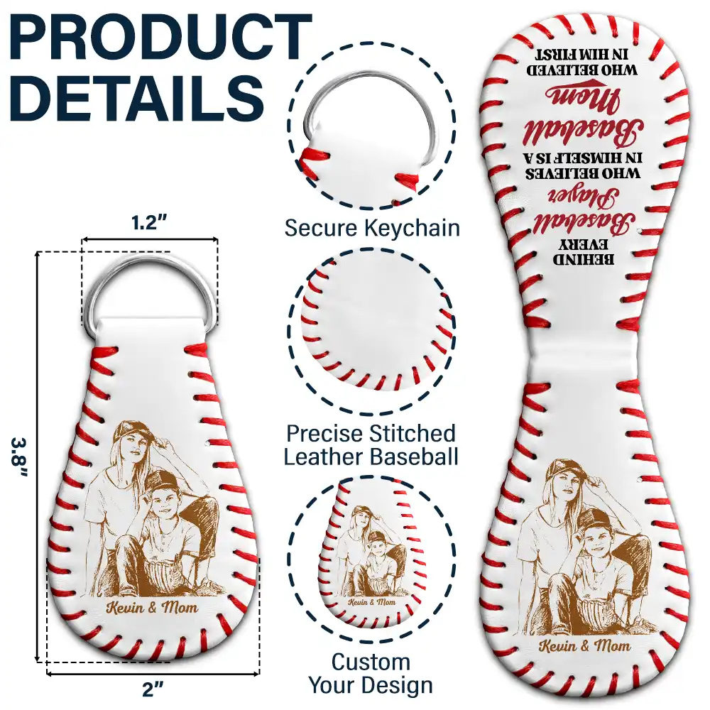 Custom Photo Pencil Sketch Behind Every Baseball Player - Personalized Leather Baseball Keychain - Image 6