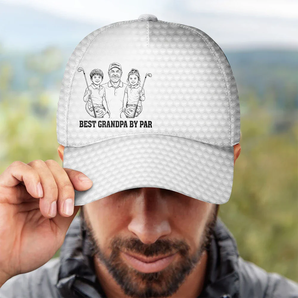 Custom Photo Pencil Sketch Best Dad Grandpa By Par Golf Clubs - Personalized Classic Cap - Image 5