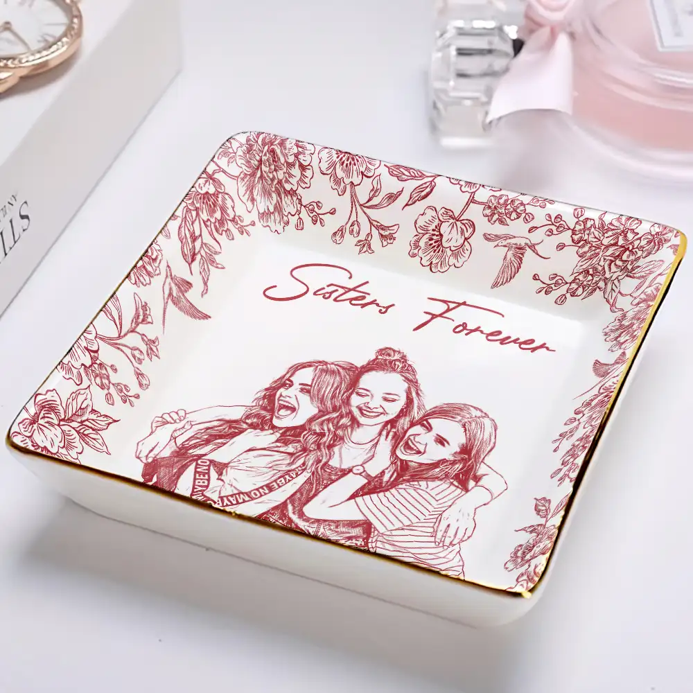 Custom Photo Pencil Sketch Besties Forever - Personalized Ring Dish - Image 3
