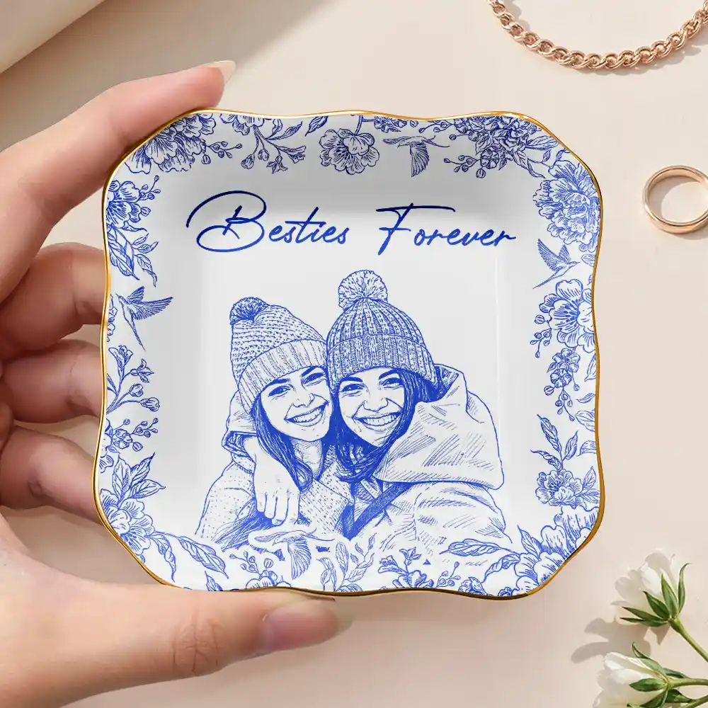 Custom Photo Pencil Sketch Besties Forever - Personalized Ring Dish - Image 4