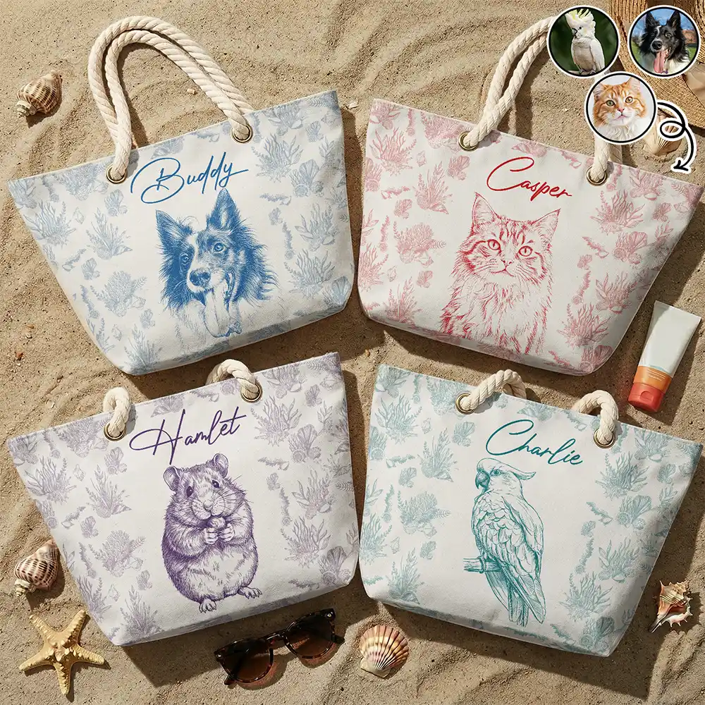 Custom Photo Pencil Sketch Dog Cat In Toile De Jouy Pattern - Personalized Beach Bag