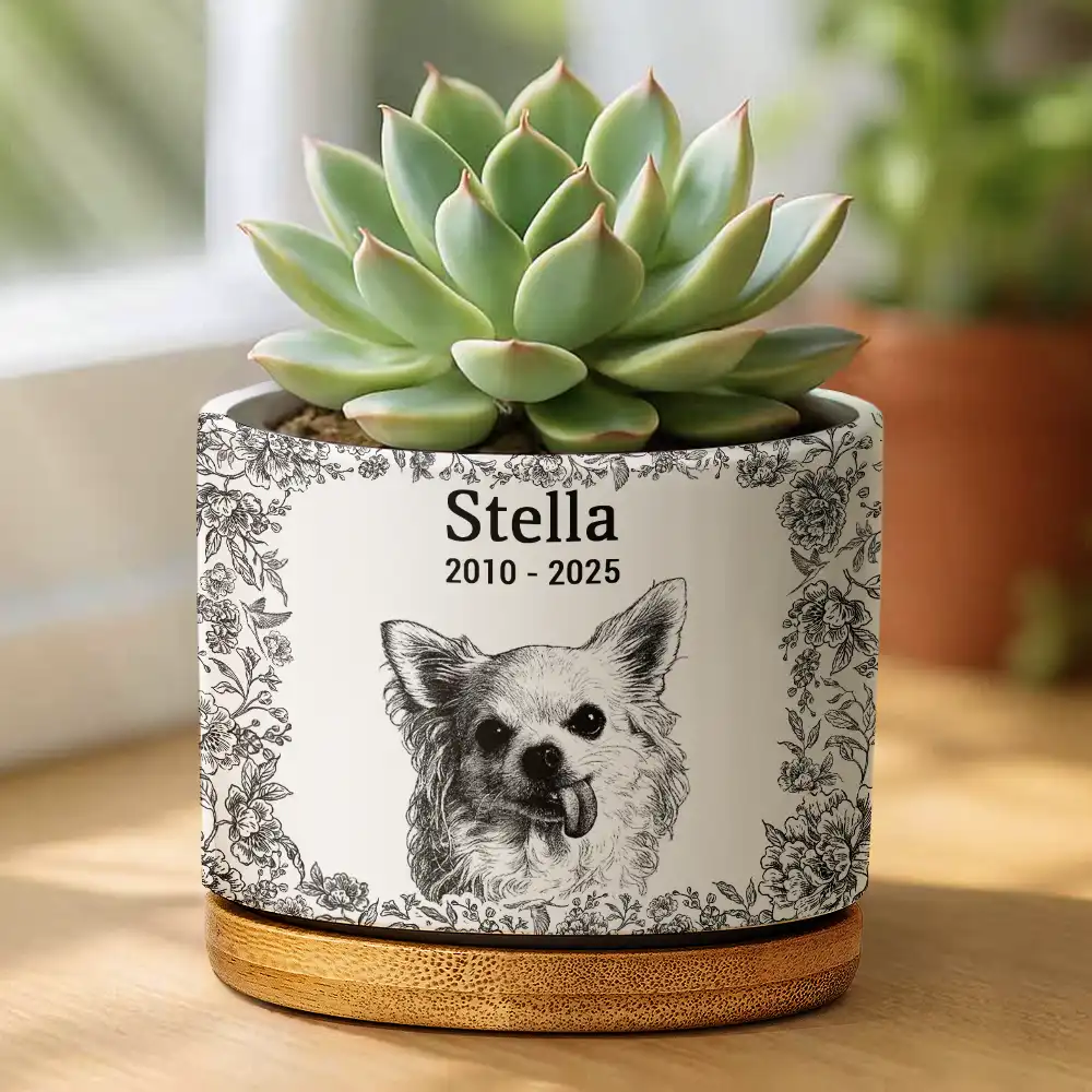 Custom Photo Pencil Sketch Dog Cat Memorial - Personalized Ceramic Plant Pot - Image 3