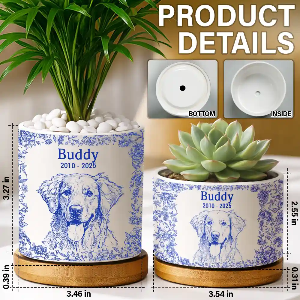 Custom Photo Pencil Sketch Dog Cat Memorial - Personalized Ceramic Plant Pot - Image 6