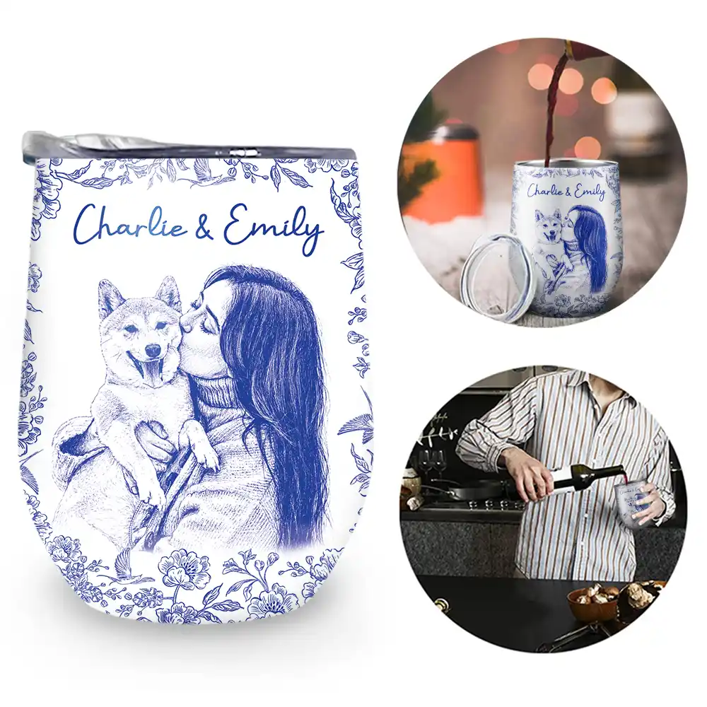 Custom Photo Pencil Sketch Dog Cat Portrait - Personalized Wine Tumbler - Image 3