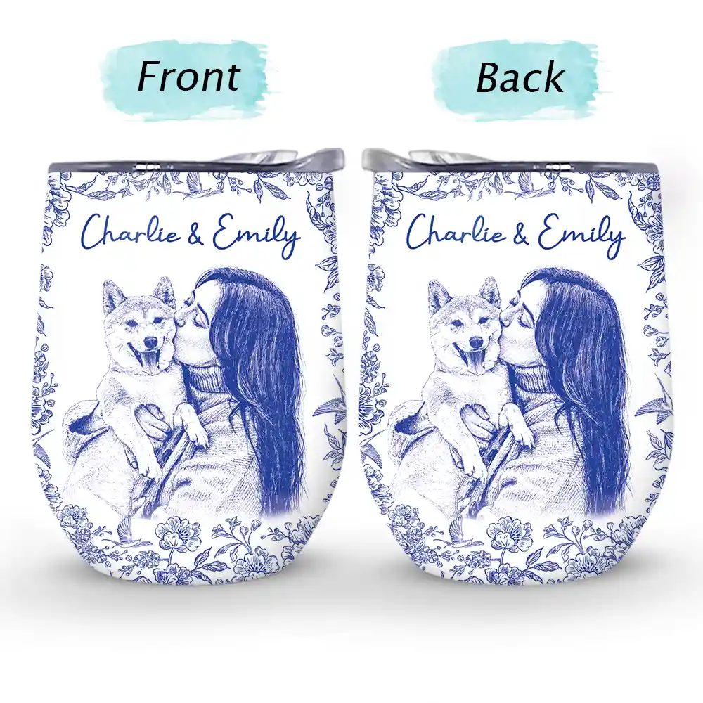 Custom Photo Pencil Sketch Dog Cat Portrait - Personalized Wine Tumbler - Image 5