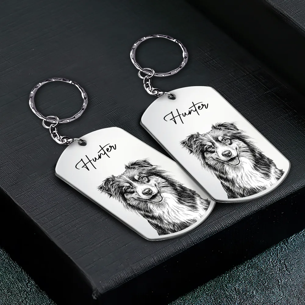 Custom Photo Pencil Sketch Family Besties Dog Cat Portrait - Personalized Aluminum Keychain - Image 3
